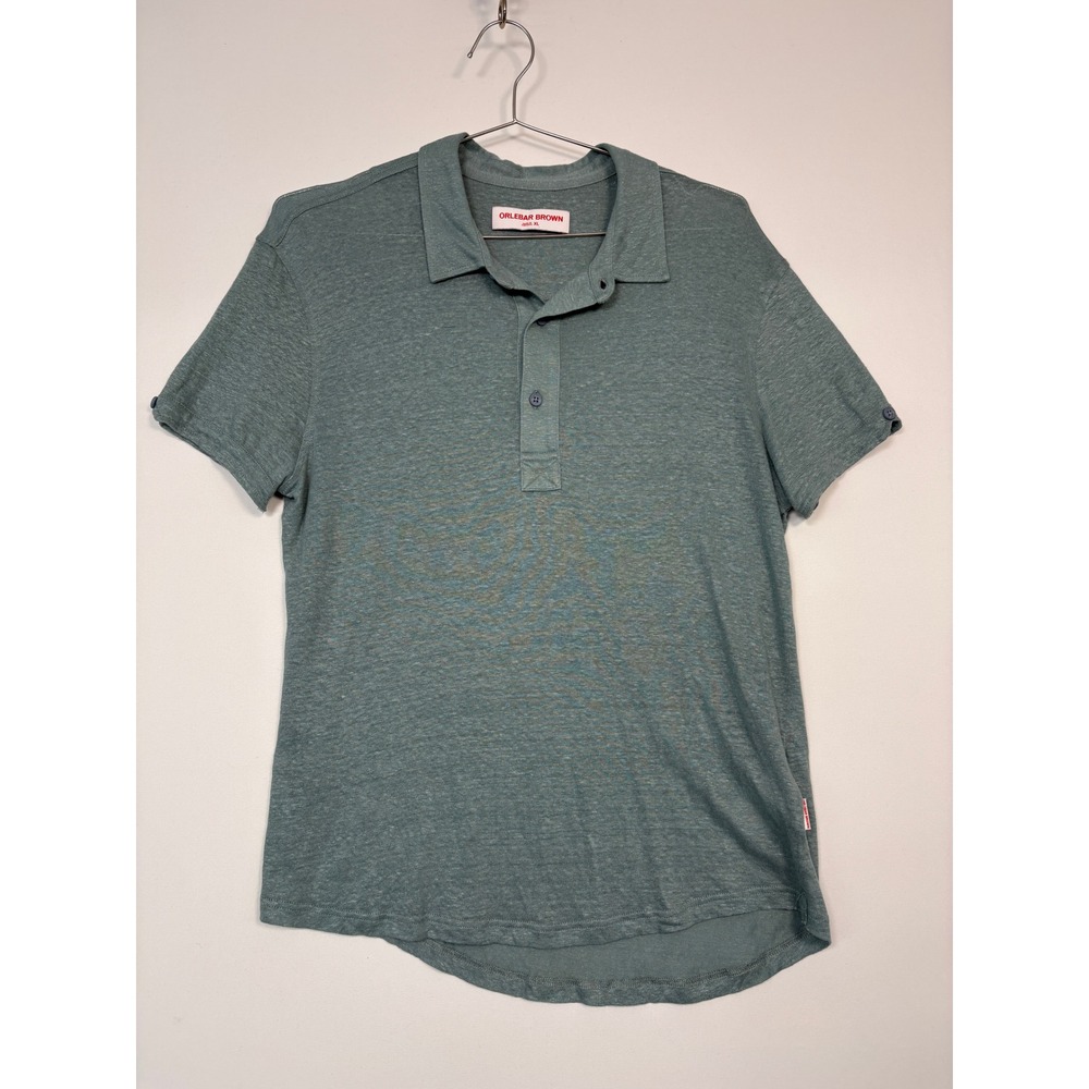 Orlebar Brown Mens Polo Shirt XL Green 100% Linen Sebastian Short Sleeve Jersey